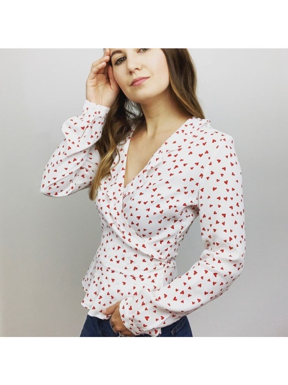 Rails Simone Coquette Smitten Heart Wrap Shirt Cropped Ruffle Twee Women XS